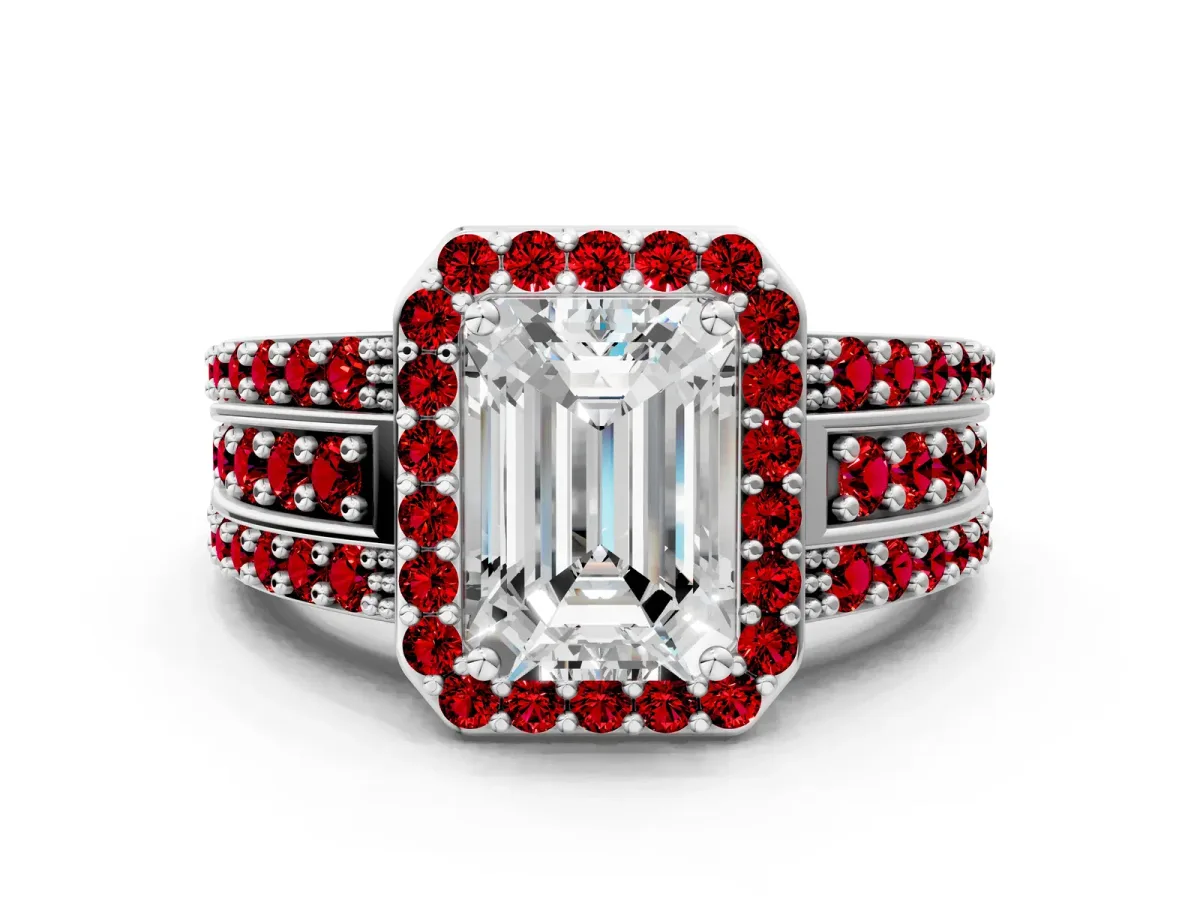 Emerald Cut Halo Diamond Ring with Round Ruby Split Shank and Prong Setting Platinum