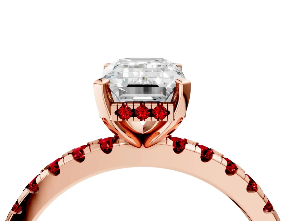 Emerald Cut Diamond Solitaire Ring with Round Ruby Pavé Band and Four-Prong Setting Rose gold