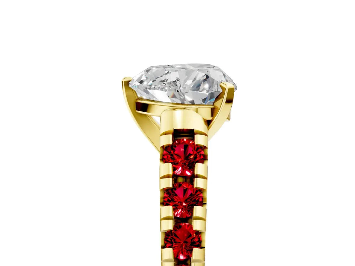 Heart Cut Diamond Cathedral Solitaire Ring with Round Ruby Pavé Band Yellow gold