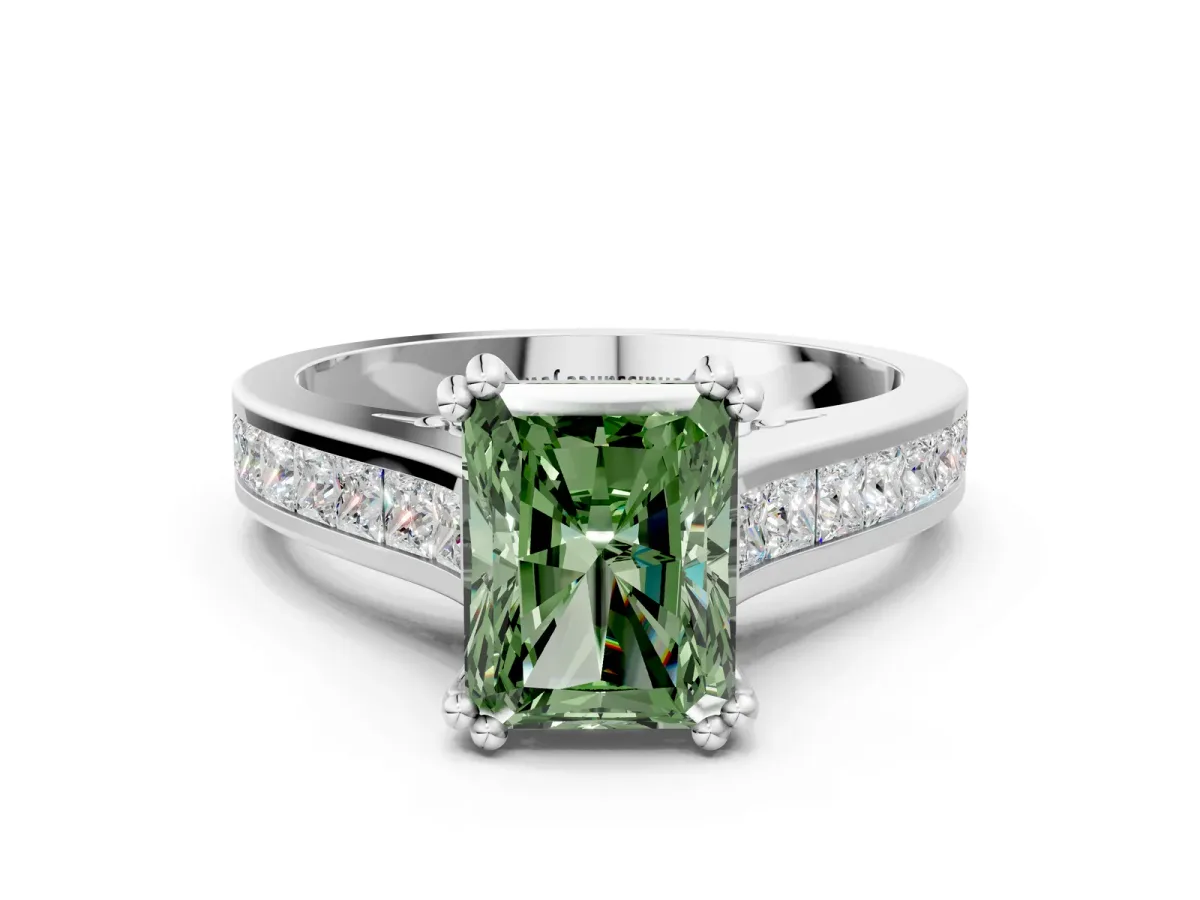 Fancy Green Radiant Cut Cut Channel Set Solitaire Engagement Ring with Prong Setting Platinum