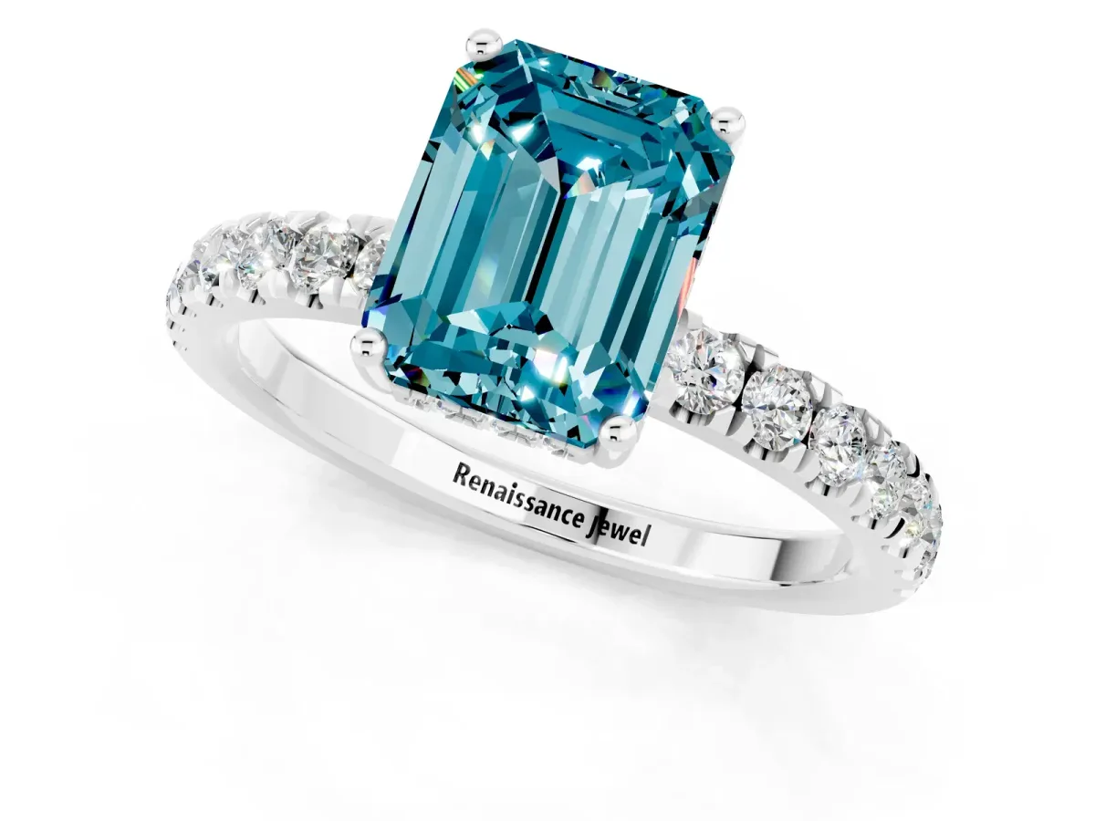 Emerald Cut Blue Topaz Pave Band Solitaire Ring with Round and Prong Setting Platinum