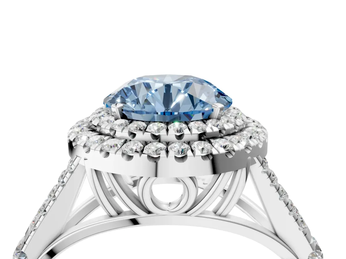 Fancy Blue Double Halo Round Cut Diamond Split Shank Engagement Ring with Four-Prong Setting White gold