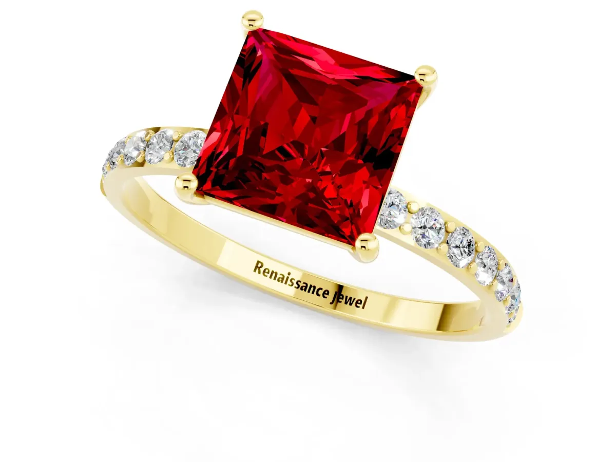 Princess Cut Ruby Solitaire Ring with Round Pavé Band and Prong Setting Yellow gold