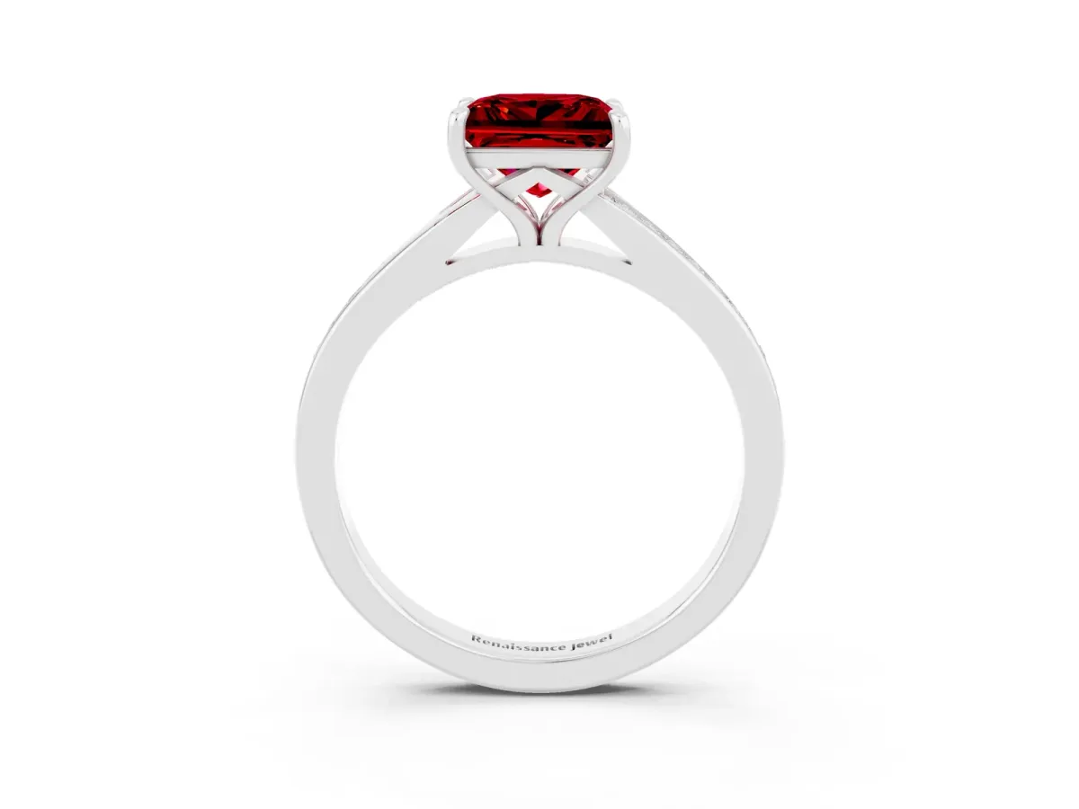 Princess Cut Ruby Solitaire Ring with Pavé Band and Prong Setting Silver