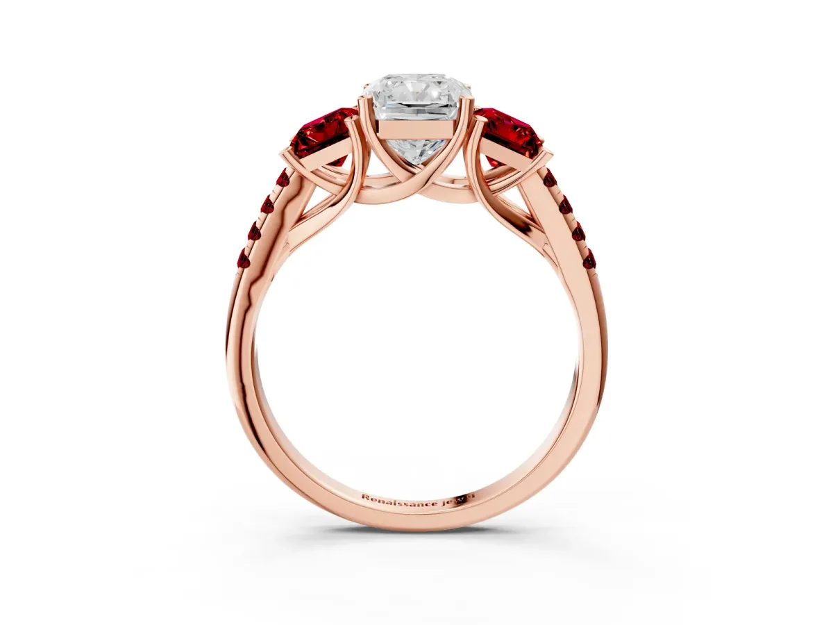Three-Stone Radiant Cut Diamond Ring with Round Ruby Pavé Band and Prong Setting Rose gold