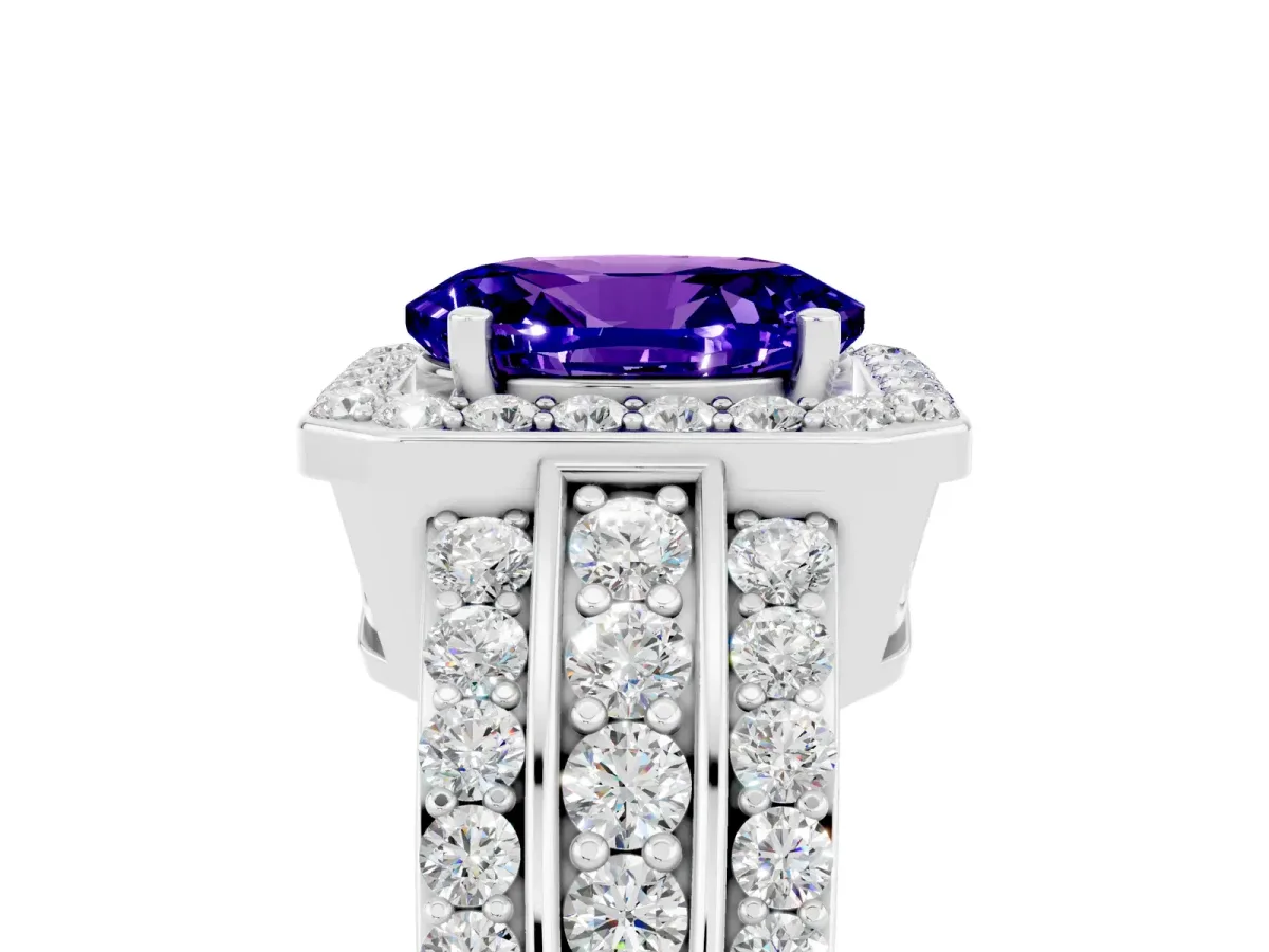 Oval Cut Halo Tanzanite Ring with Round Split Shank and Prong Setting Silver