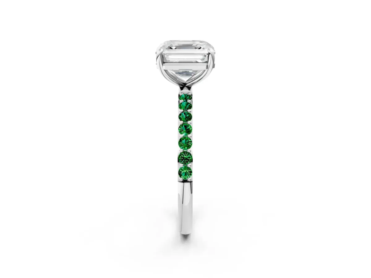 Asscher Cut Diamond Solitaire Ring with Round Emerald Pavé Band and Prong Setting Silver