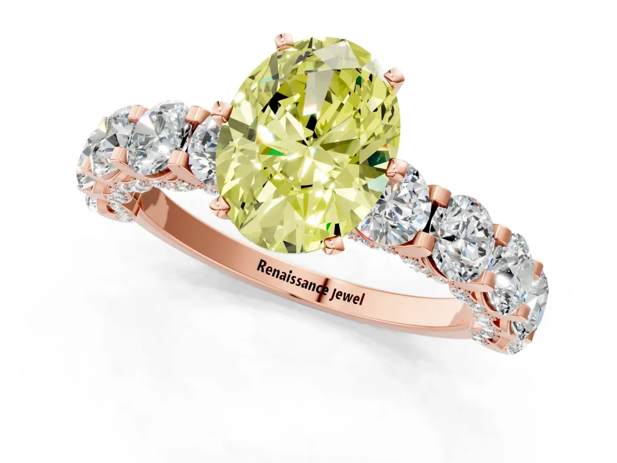Fancy Yellow Oval Cut Diamond Side Stone Engagement Ring with Four-Prong Setting Rose gold