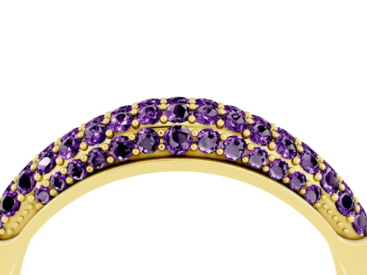 Three-Row Pavé Round Amethyst Dome Band Yellow gold