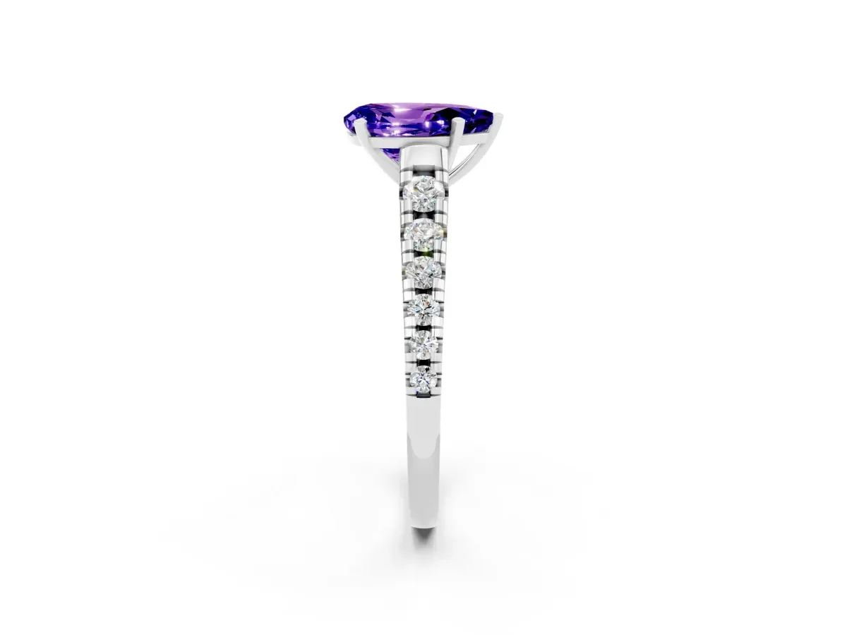 Pear Cut Tanzanite Cathedral Solitaire Ring with Round Pavé Band Silver