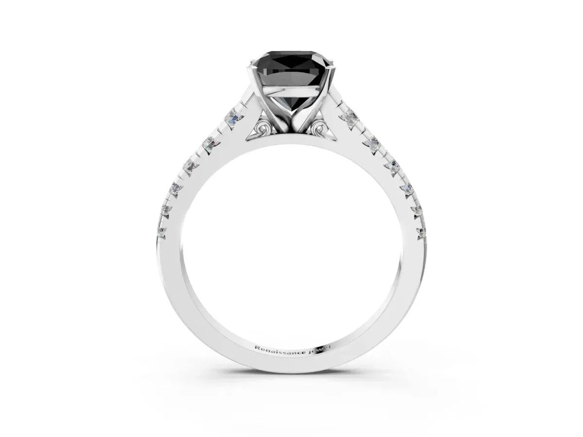 Fancy Black Cushion Cut Diamond Cathedral Solitaire Ring with Round Pavé Band Silver
