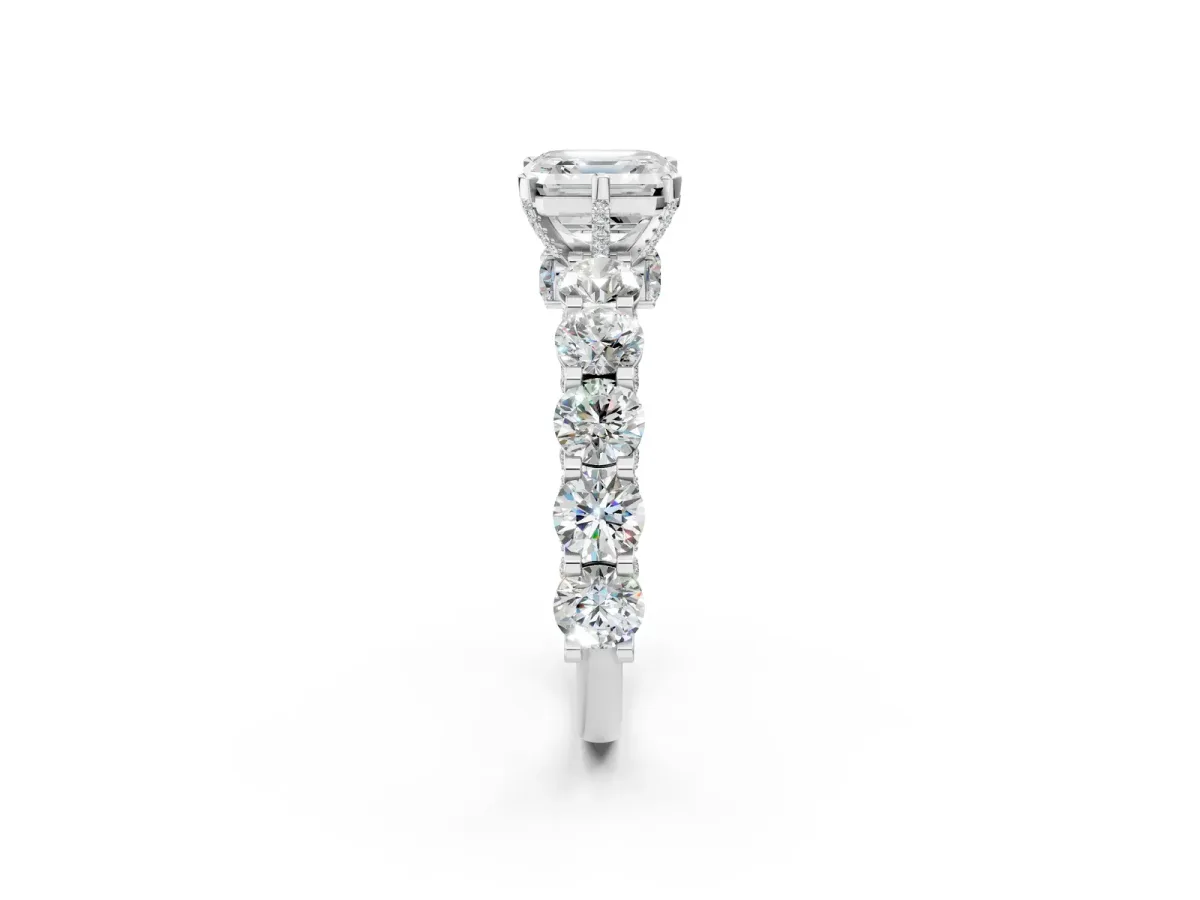 Asscher Cut Diamond Side Stone Engagement Ring with Four-Prong Setting Silver