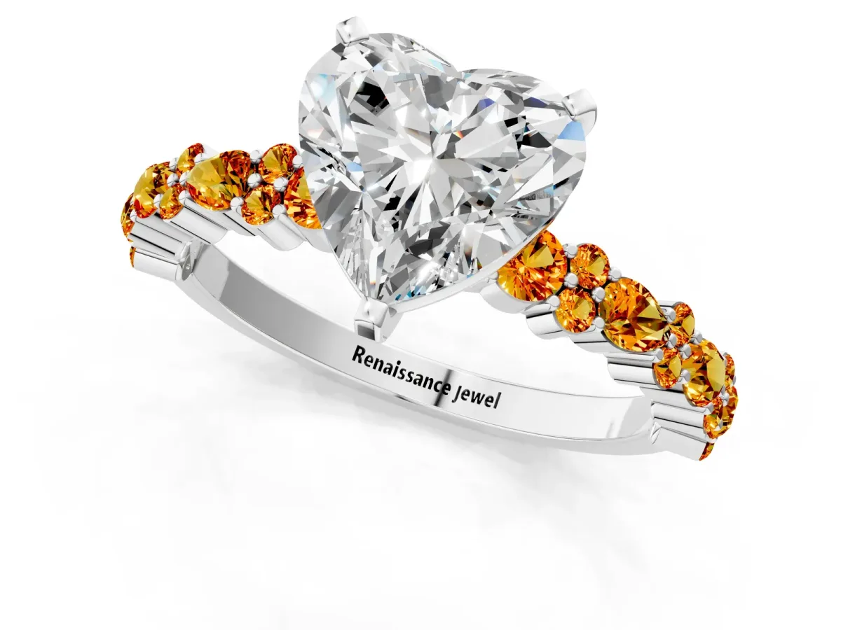 Heart Cut Diamond Side Stone Solitaire Ring with Round Citrine and Four-Prong Setting Platinum