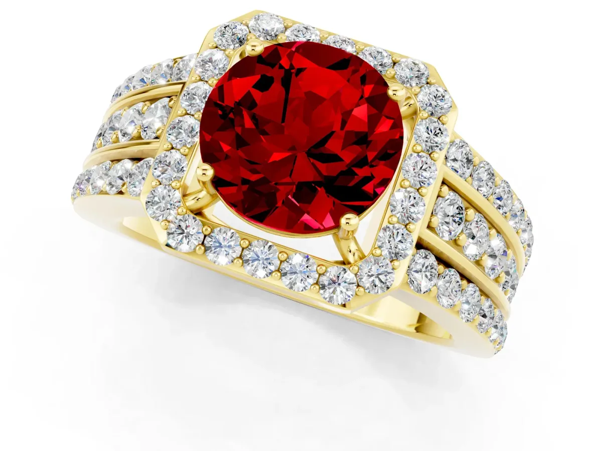 Round Cut Halo Ruby Ring with Round Split Shank and Prong Setting Yellow gold