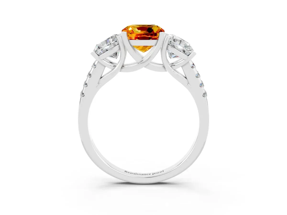 Three-Stone Cushion Cut Citrine Ring with Round Pavé Band and Prong Setting Platinum