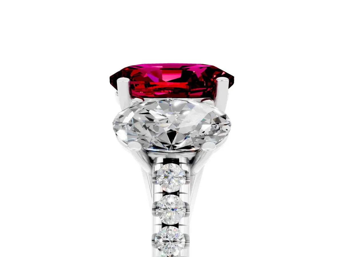 Three-Stone Oval Cut Garnet Ring with Round Pavé Band and Prong Setting Silver
