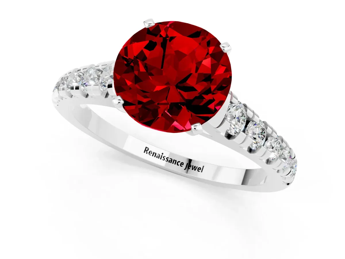 Round Cut Ruby Cathedral Solitaire Ring with Round Pavé Band Silver