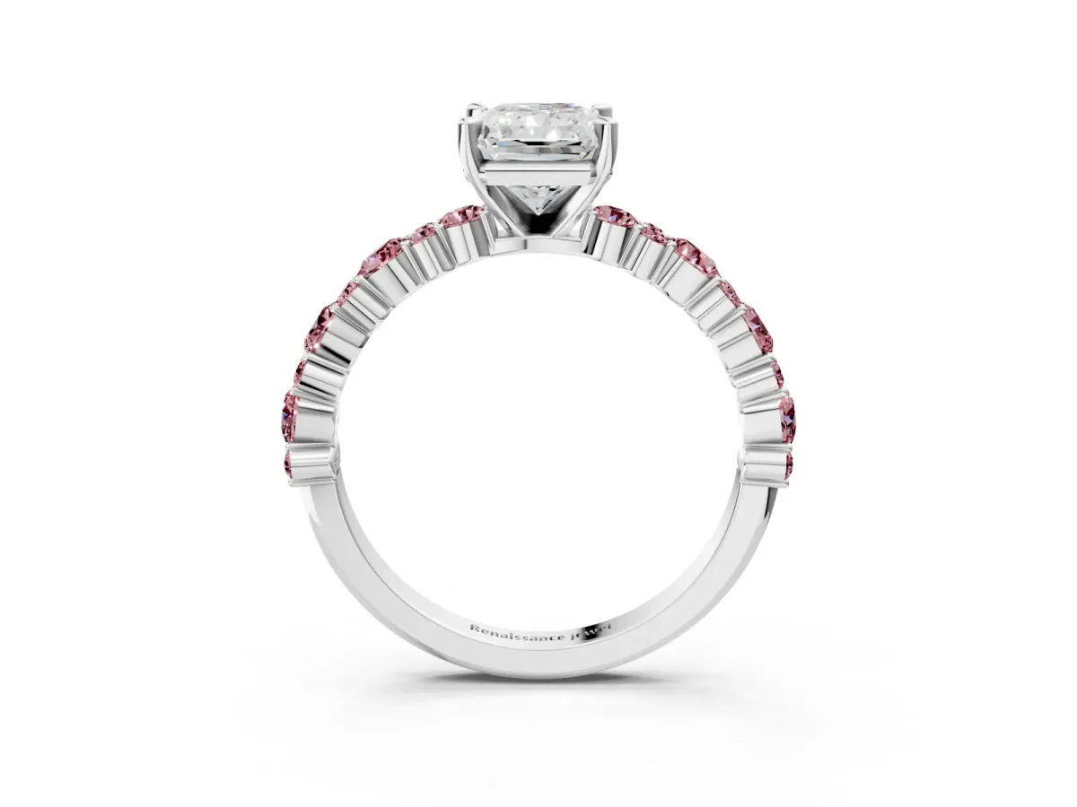 Radiant Cut Diamond Side Stone Solitaire Ring with Round Morganite and Four-Prong Setting Platinum