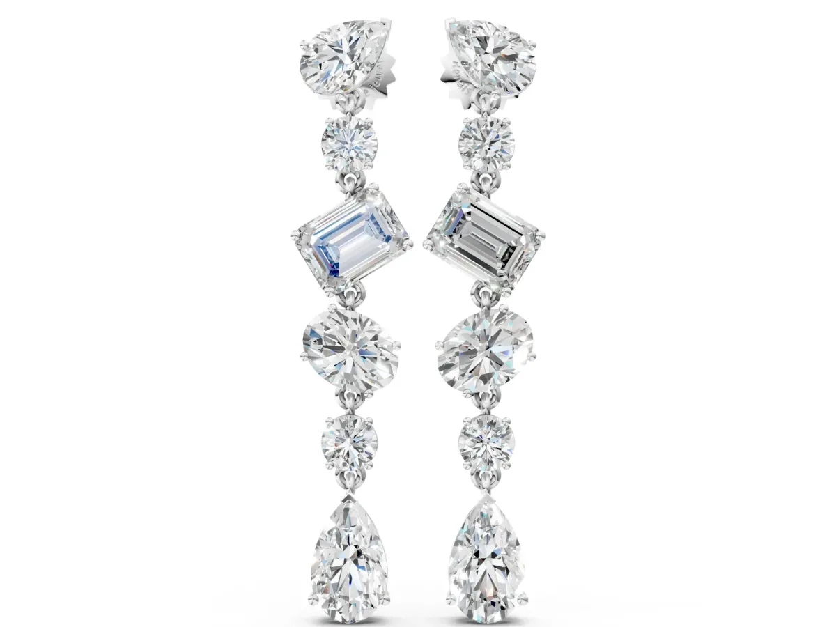 Pear, Oval, Emerald and Round Diamond Waterfall Drop Earrings Silver