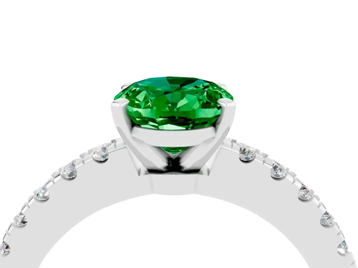 Oval Cut Solitaire Emerald with Pavé Band and Four-Prong Setting White gold