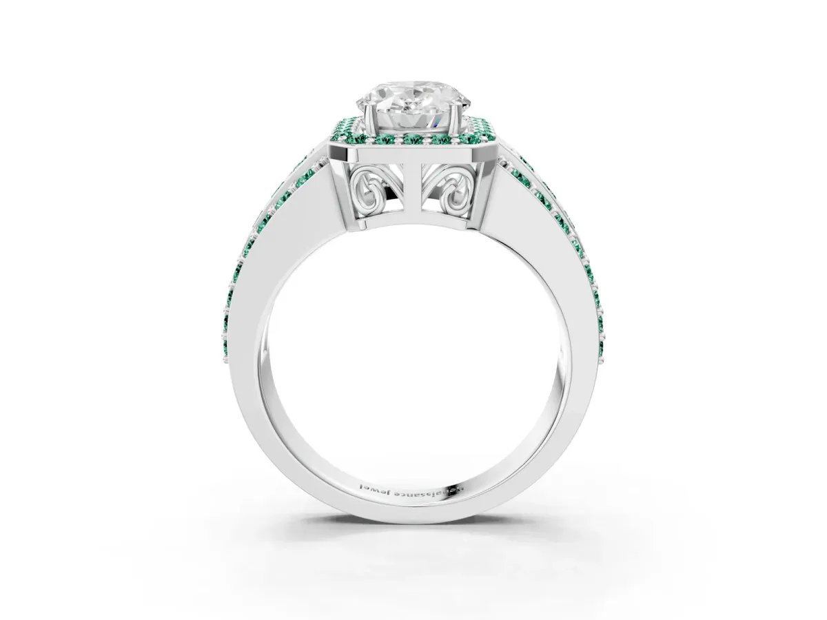 Oval Cut Halo Diamond Ring with Round Green Sapphire Split Shank and Prong Setting Silver