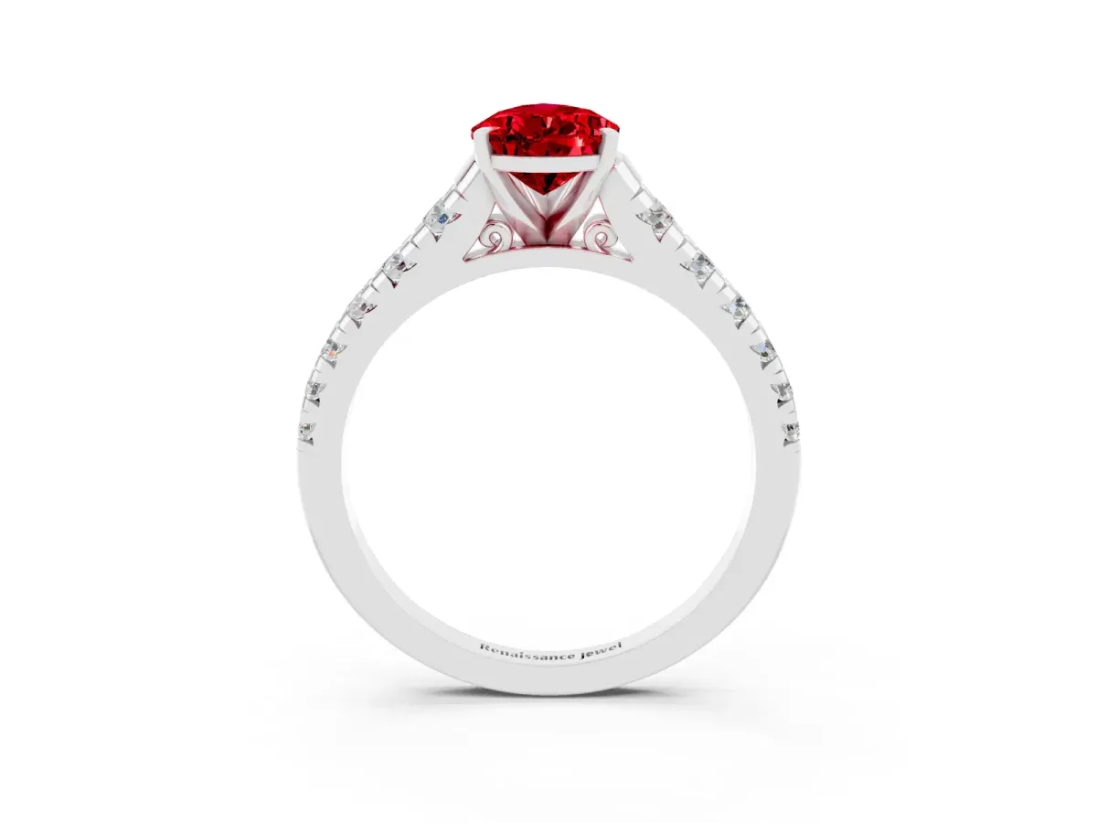 Pear Cut Ruby Cathedral Solitaire Ring with Round Pavé Band Platinum