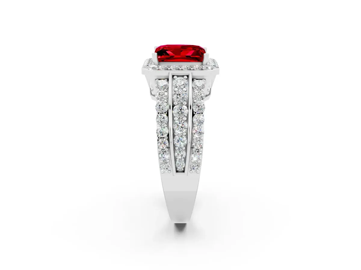Princess Cut Halo Ruby Ring with Round Split Shank and Prong Setting White gold