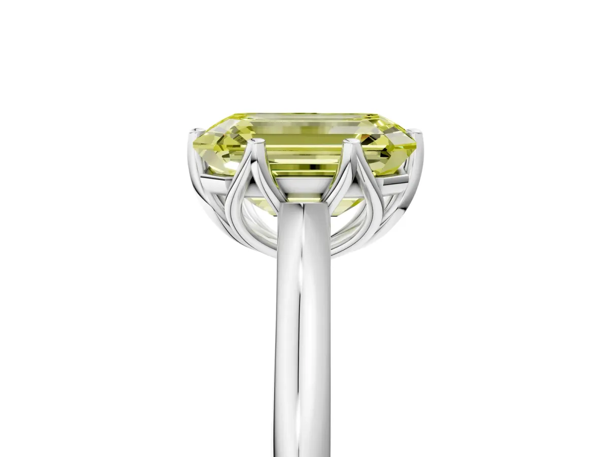 Fancy Yellow Emerald Cut Solitaire Cathedral Diamond Ring with Six-Prong Setting Silver