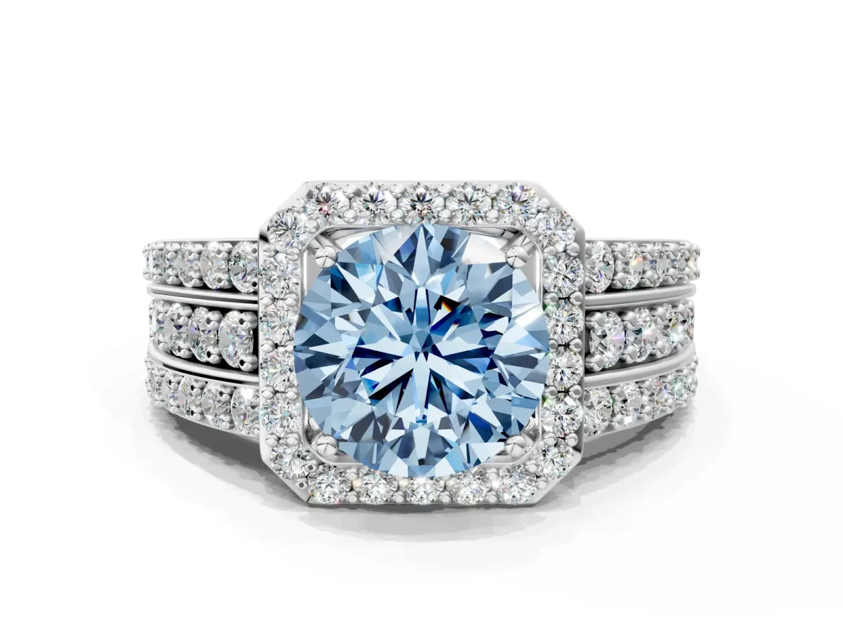 Fancy Blue Round Cut Halo Diamond Ring with Round Split Shank and Prong Setting White gold