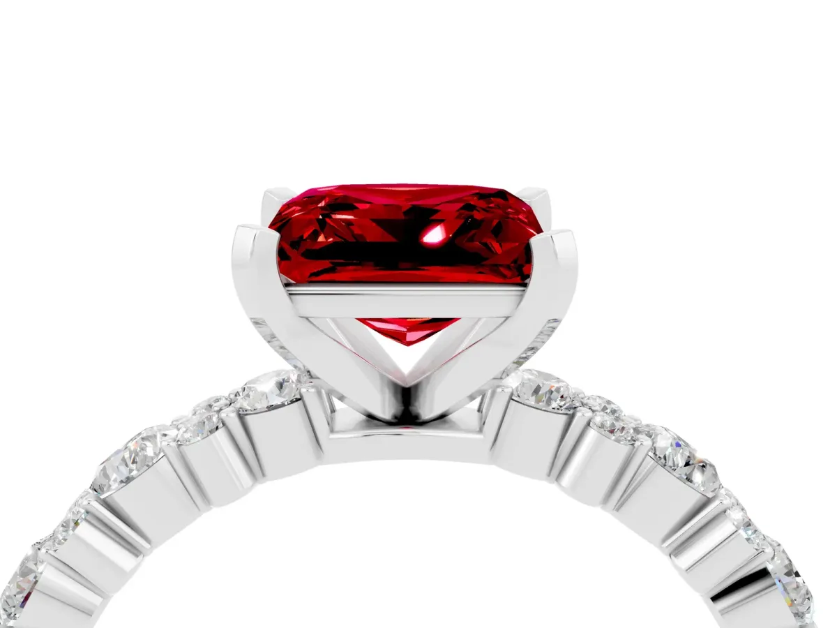 Princess Cut Ruby Side Stone Solitaire Ring with Round and Four-Prong Setting Silver