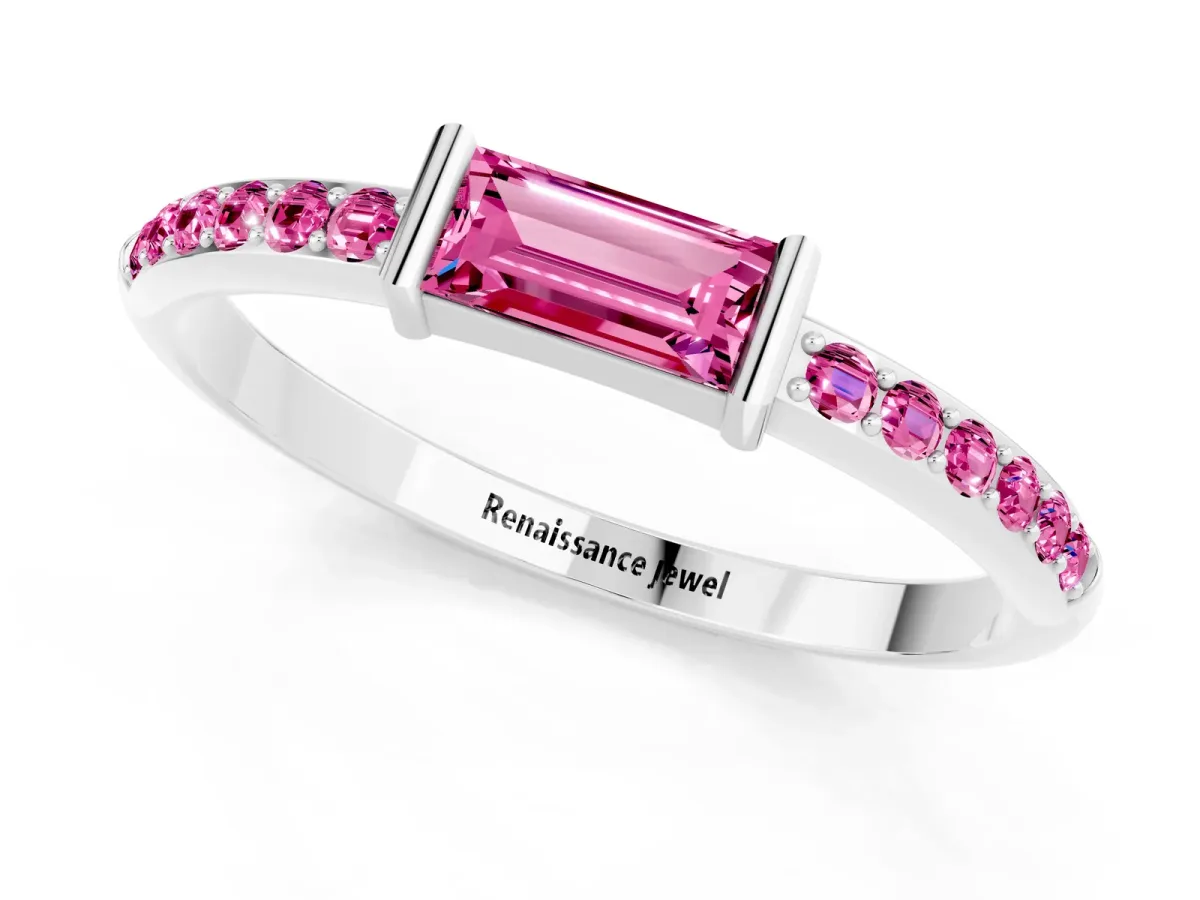 Baguette Pink Sapphire Pavé Band with Bar Setting Platinum