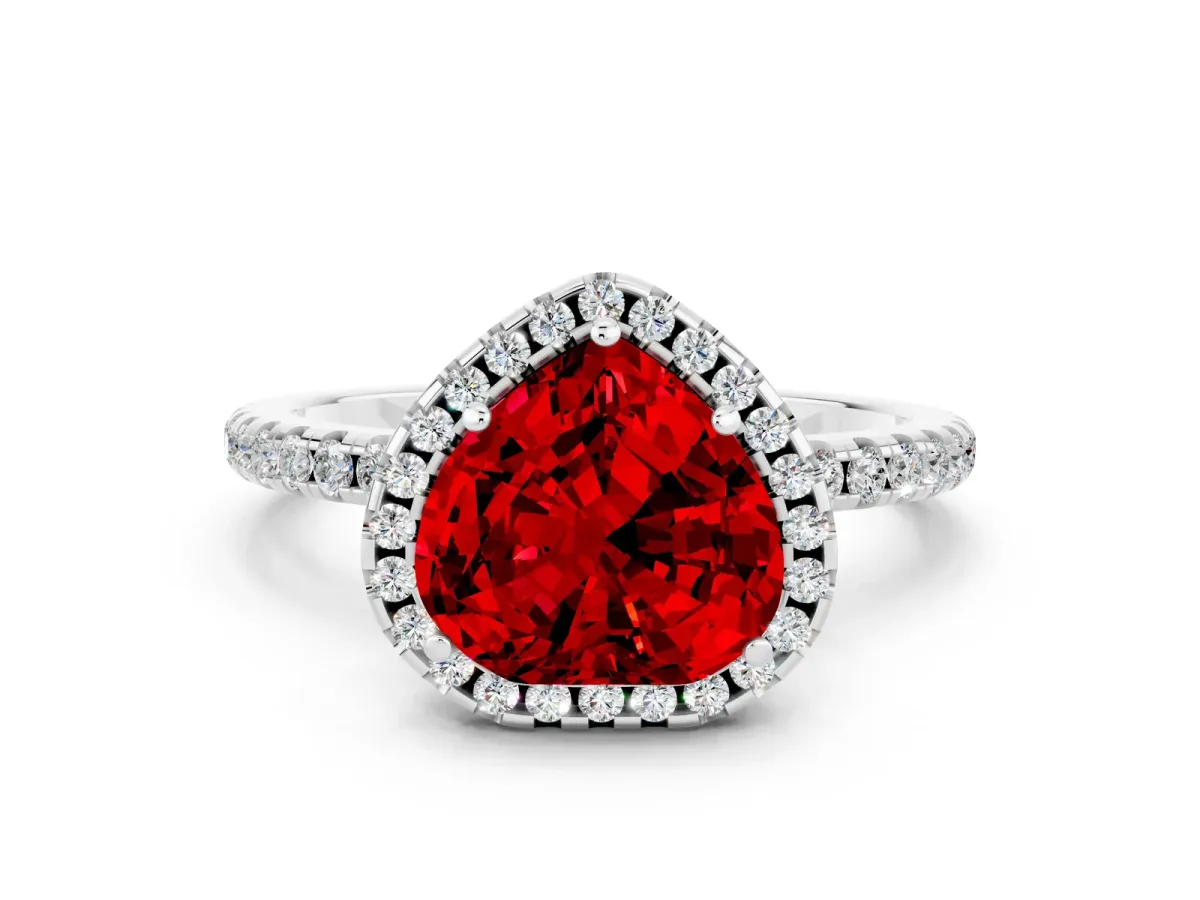 Heart Cut Ruby Halo Engagement Ring with Round Pavé Band and Prong Setting Platinum
