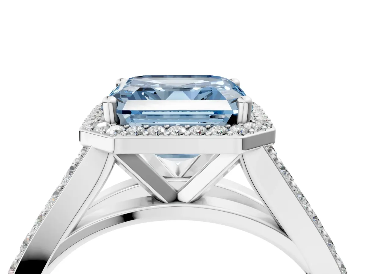Fancy Blue Asscher Cut Diamond Split Shank Halo Ring with Four-Prong Setting Platinum