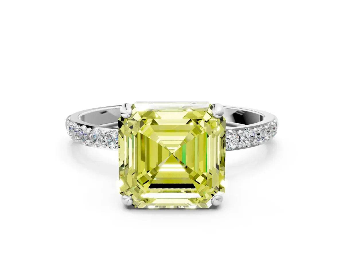 Fancy Yellow Asscher Cut Diamond Solitaire Ring with Round Pavé Band and Prong Setting Silver