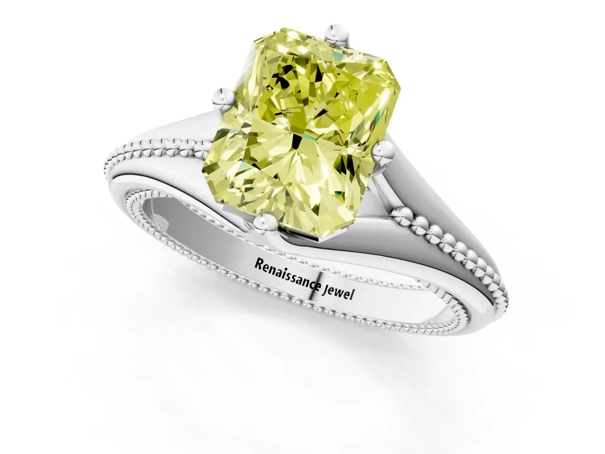 Fancy Yellow Radiant Cut Solitaire Beaded Band Six-Prong Setting Platinum