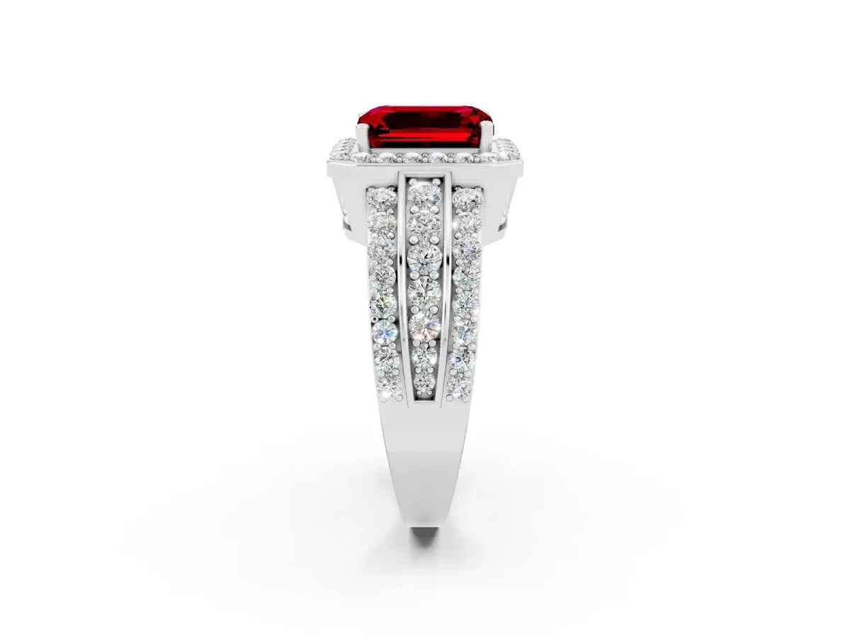 Emerald Cut Halo Ruby Ring with Round Split Shank and Prong Setting Platinum