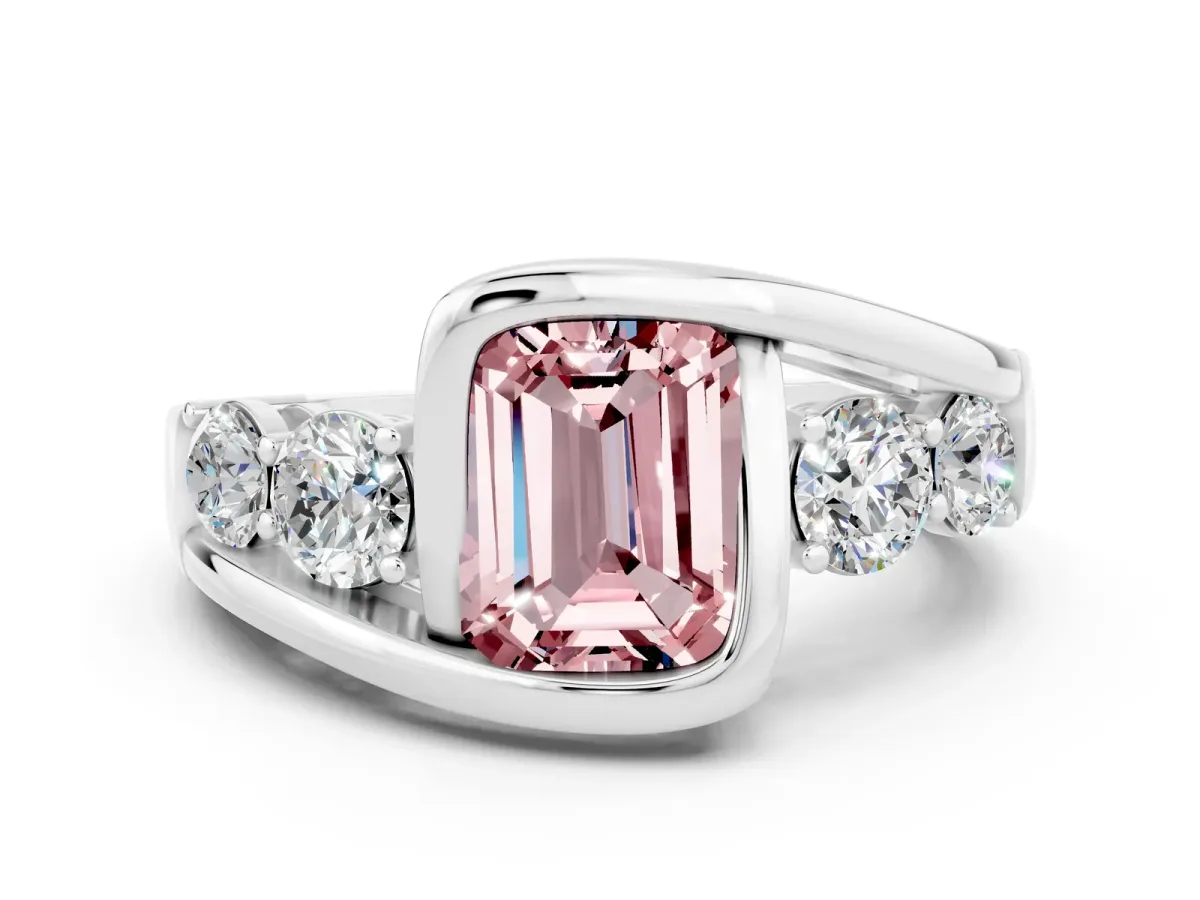Bezel Set Emerald Cut Morganite Bypass Ring with Round Accents Platinum