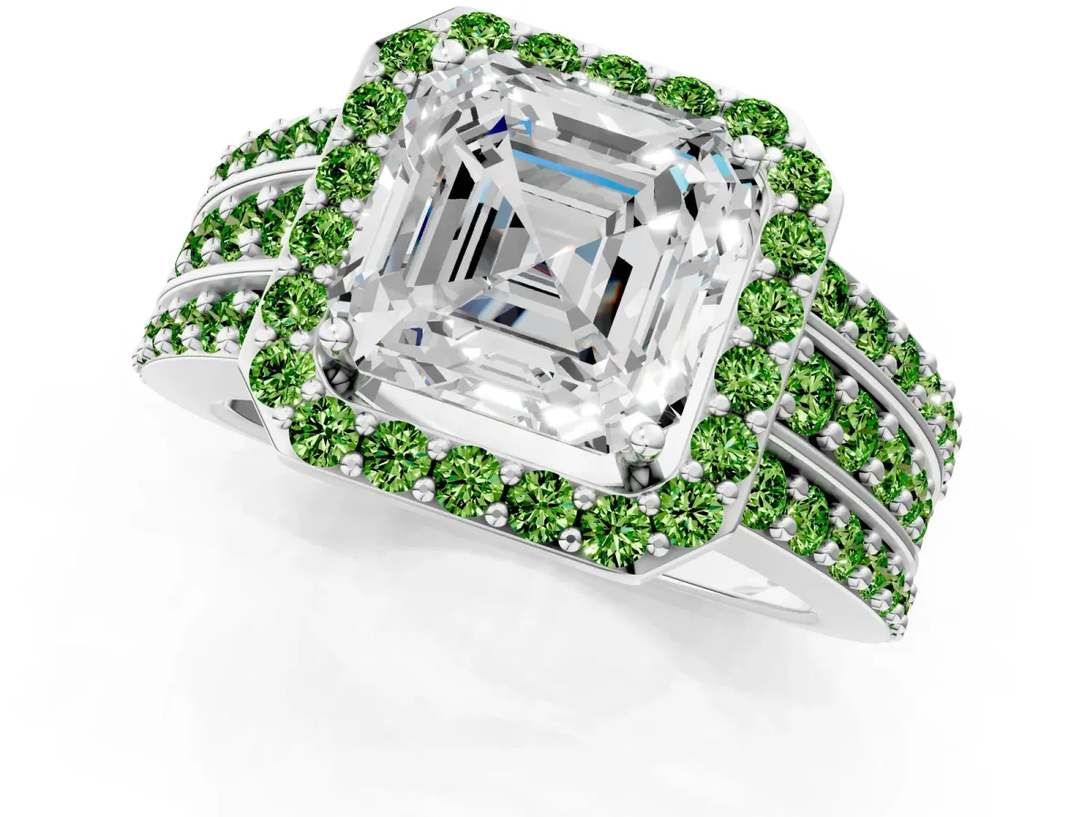 Asscher Cut Halo Diamond Ring with Round Peridot Split Shank and Prong Setting Silver