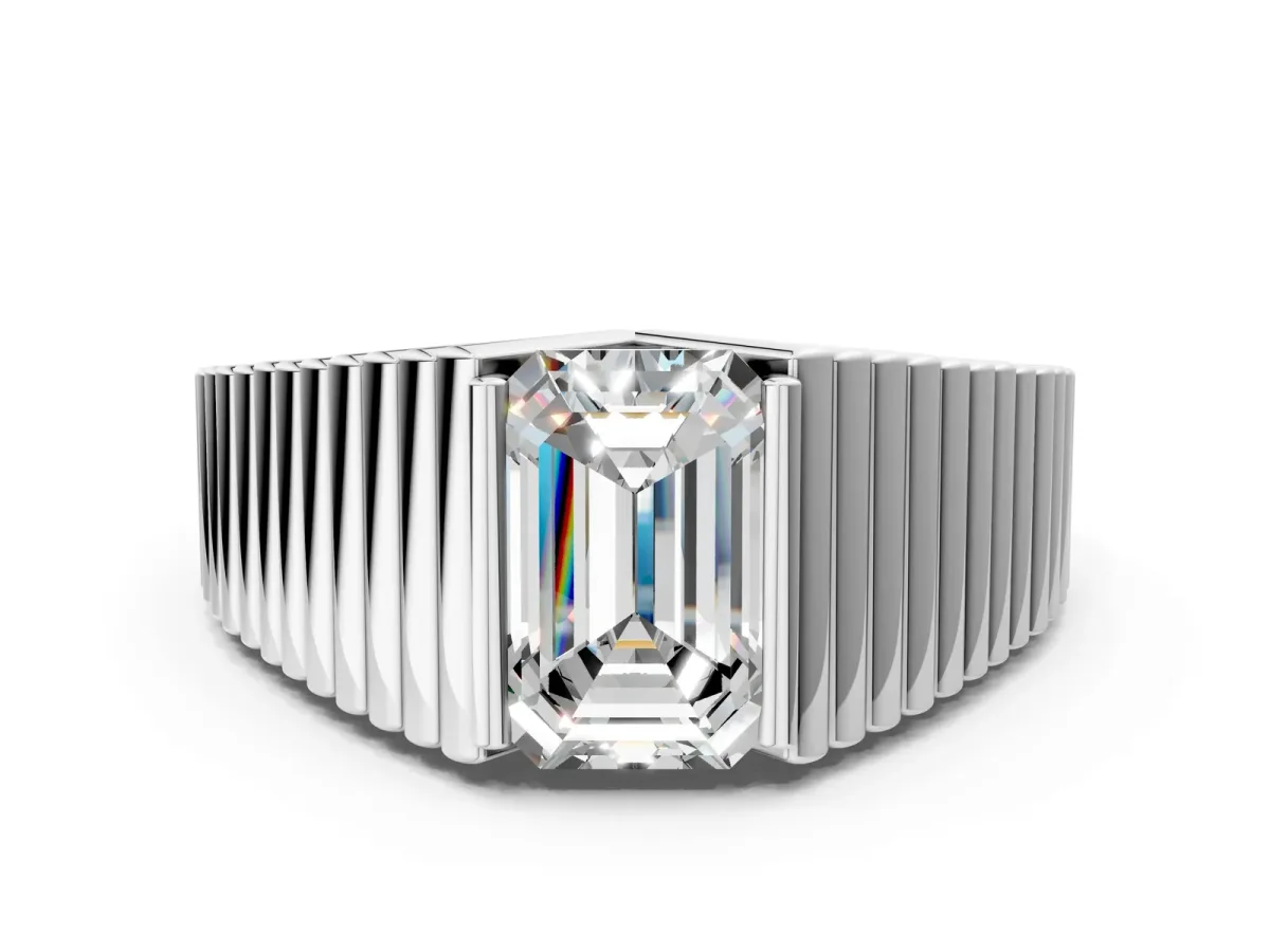 Emerald Cut Diamond Fluted Mens Ring Silver