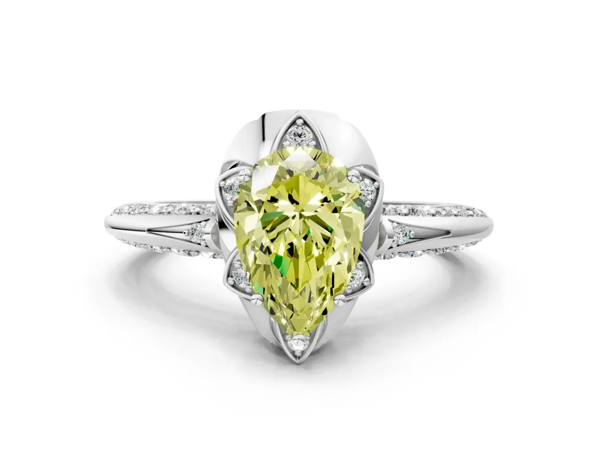 Fancy Yellow Pear Cut Halo Split Shank Pave Diamond Ring with Petal Prong Setting Platinum