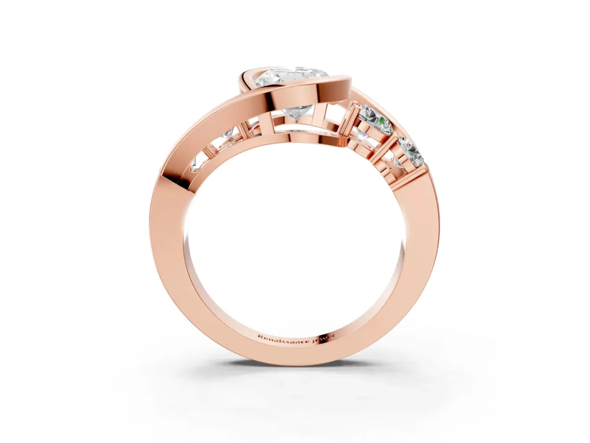 Bezel Set Oval Cut Diamond Bypass Ring with Round Accents Rose gold