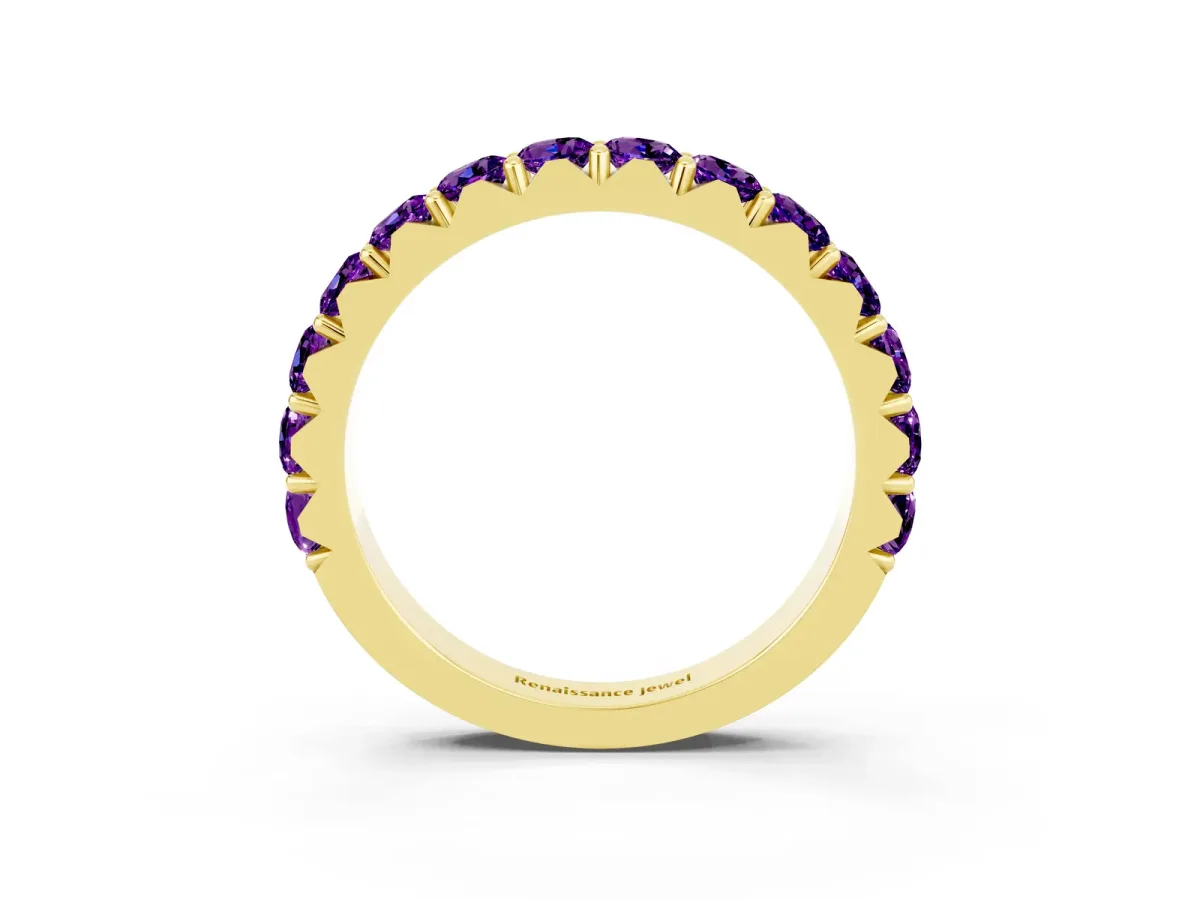 Round Amethyst Half Eternity Band with Classic Prong Setting Yellow gold