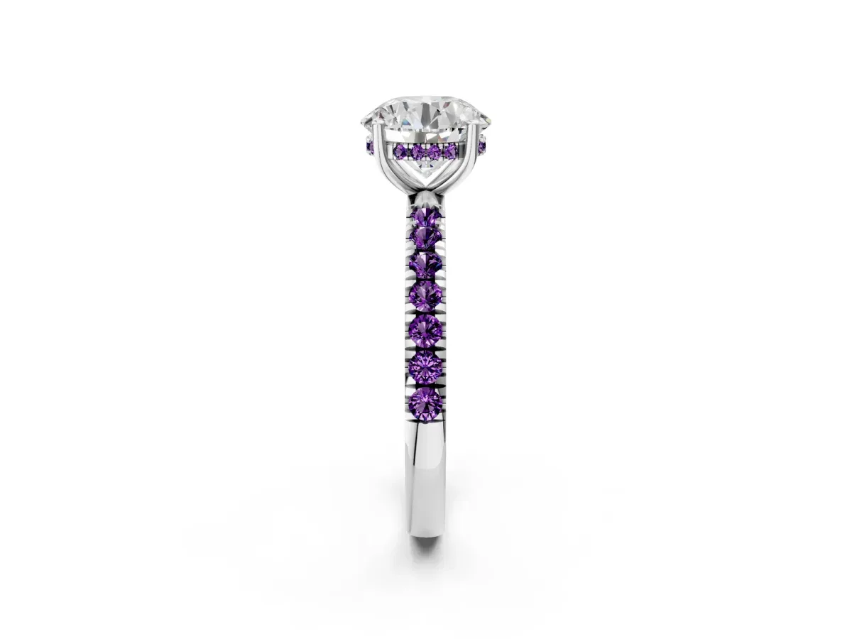 Round Cut Diamond Pave Band Solitaire Ring with Round Amethyst and Prong Setting Silver