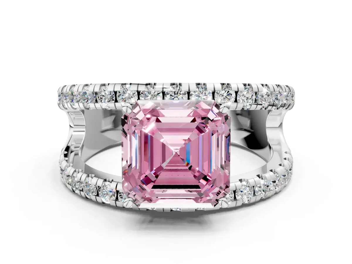 Fancy Pink Asscher Cut Solitaire Split Shank Pave Diamond Ring Platinum