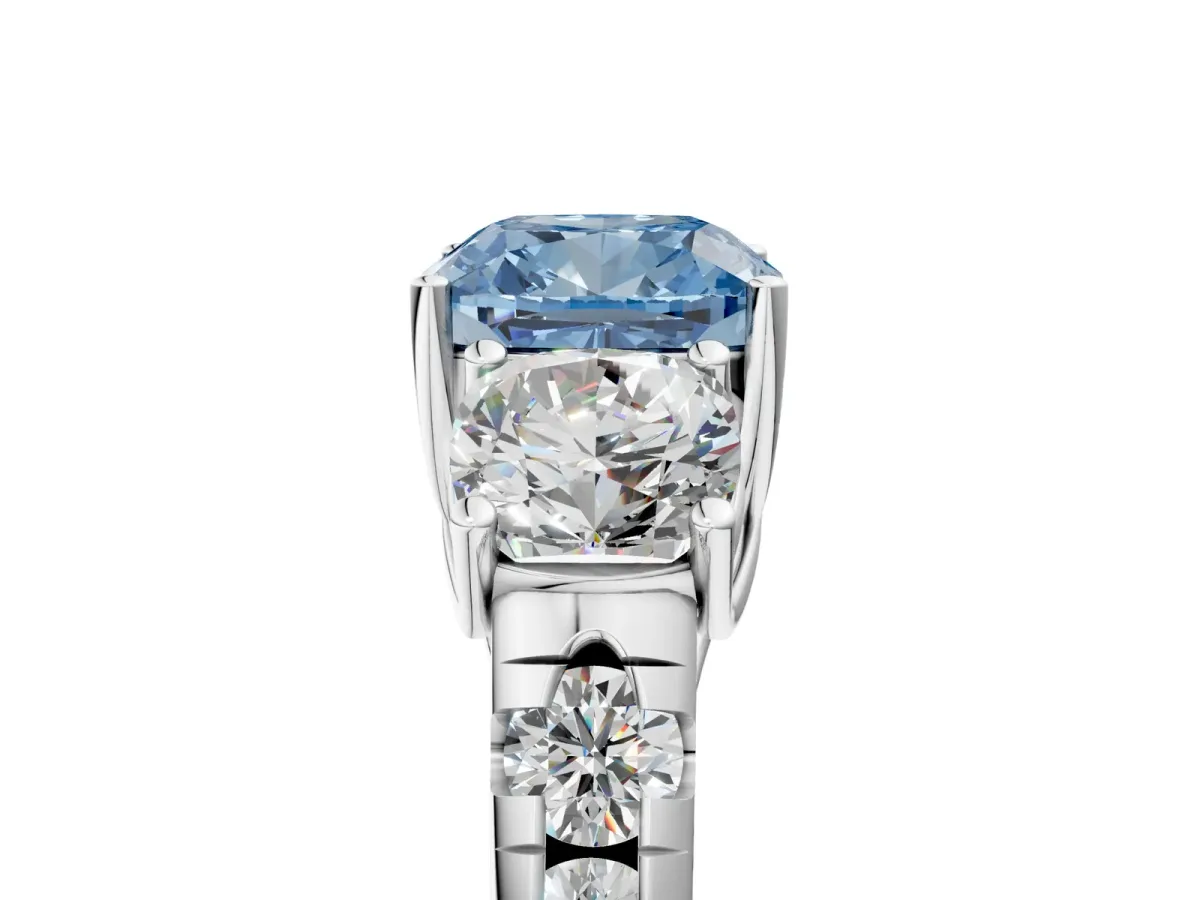 Fancy Blue Three-Stone Cushion Cut Diamond Pavé Band with Prong Setting Platinum