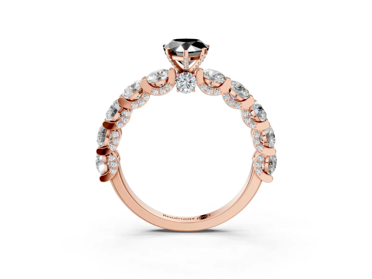 Fancy Black Pear Cut Diamond Side Stone Engagement Ring with Four-Prong Setting Rose gold