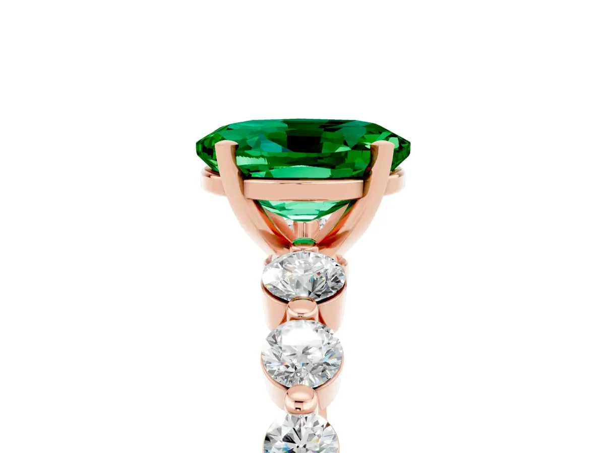Oval Cut Solitaire Emerald Ring with Pave Band and Four-Prong Setting Rose gold