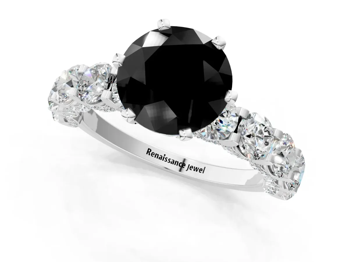 Fancy Black Round Cut Diamond Side Stone Engagement Ring with Four-Prong Setting Silver