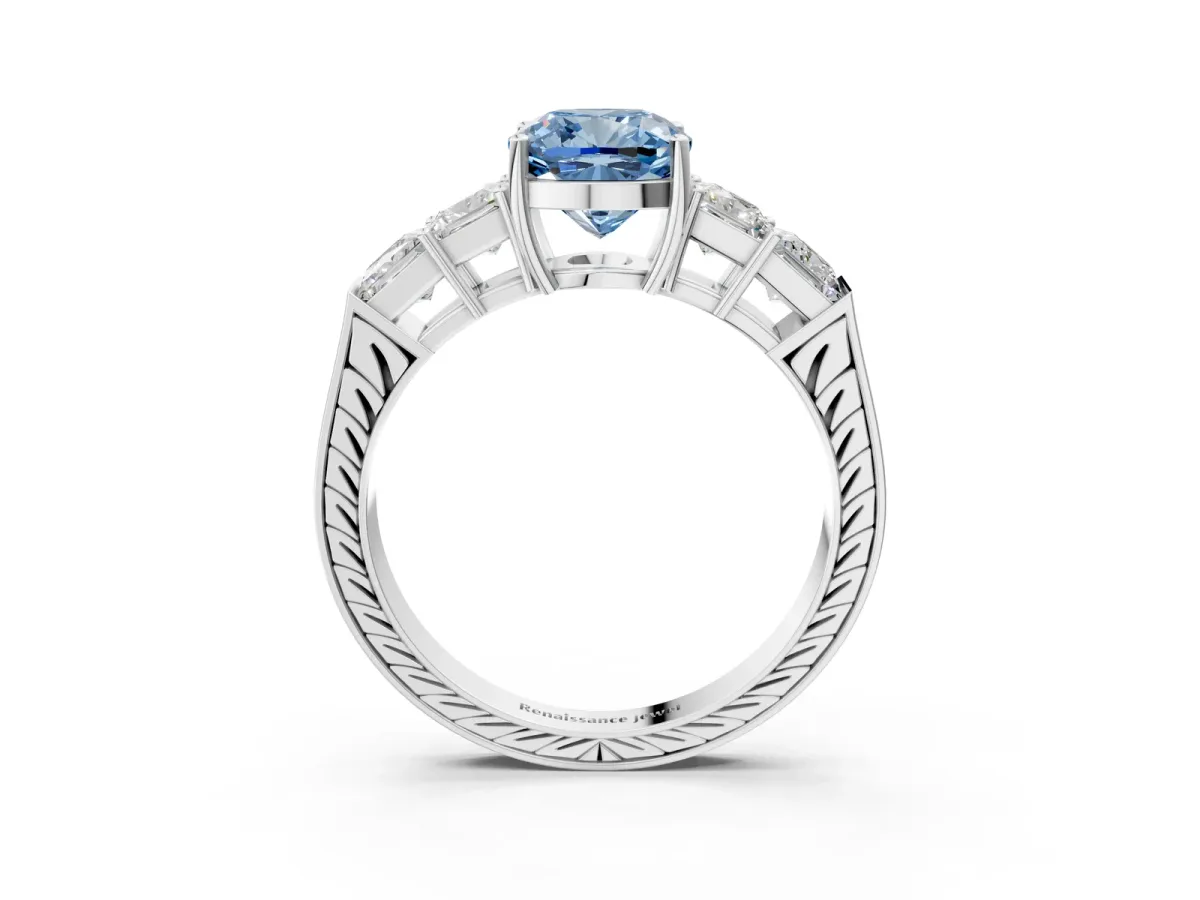 Fancy Blue Cushion Cut Solitaire Princess Side Stone Engraved Band Prong Setting Ring Platinum