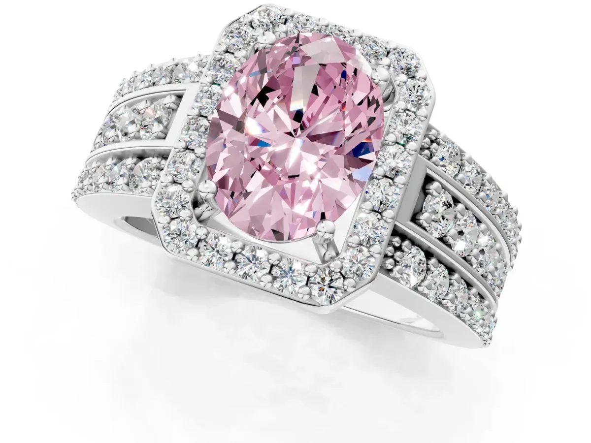 Fancy Pink Oval Cut Halo Diamond Ring with Round Split Shank and Prong Setting Platinum